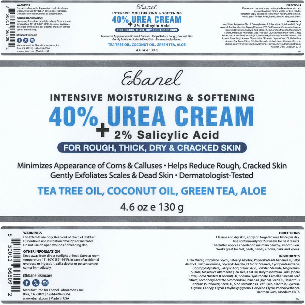 Ebanel Urea Cream 40% plus Salicylic Acid 2%, Foot Cream for Dry Cracked Heels Feet Knees Elbows Hands, Foot Dead Skin Cuticle Callus Remover Toenail Softener, Keratolytic Skin Barrier Repair, 3-Pack Ebanel