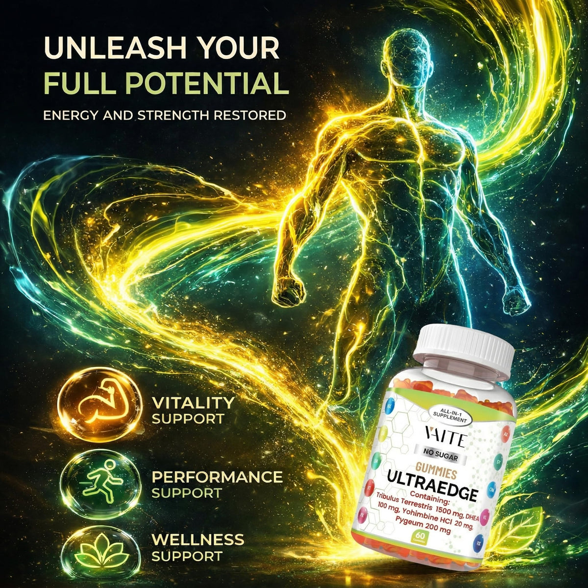 VAITE UltraEdge Herbal Complex Gummies – Tribulus Terrestris 1500mg, DHEA 100mg, Yohimbine HCl 20mg, Pygeum 200mg, Plant-Based Blend, 60 Vegan Gummies, Non-GMO, Gluten-Free, Adult Supplement VAITE