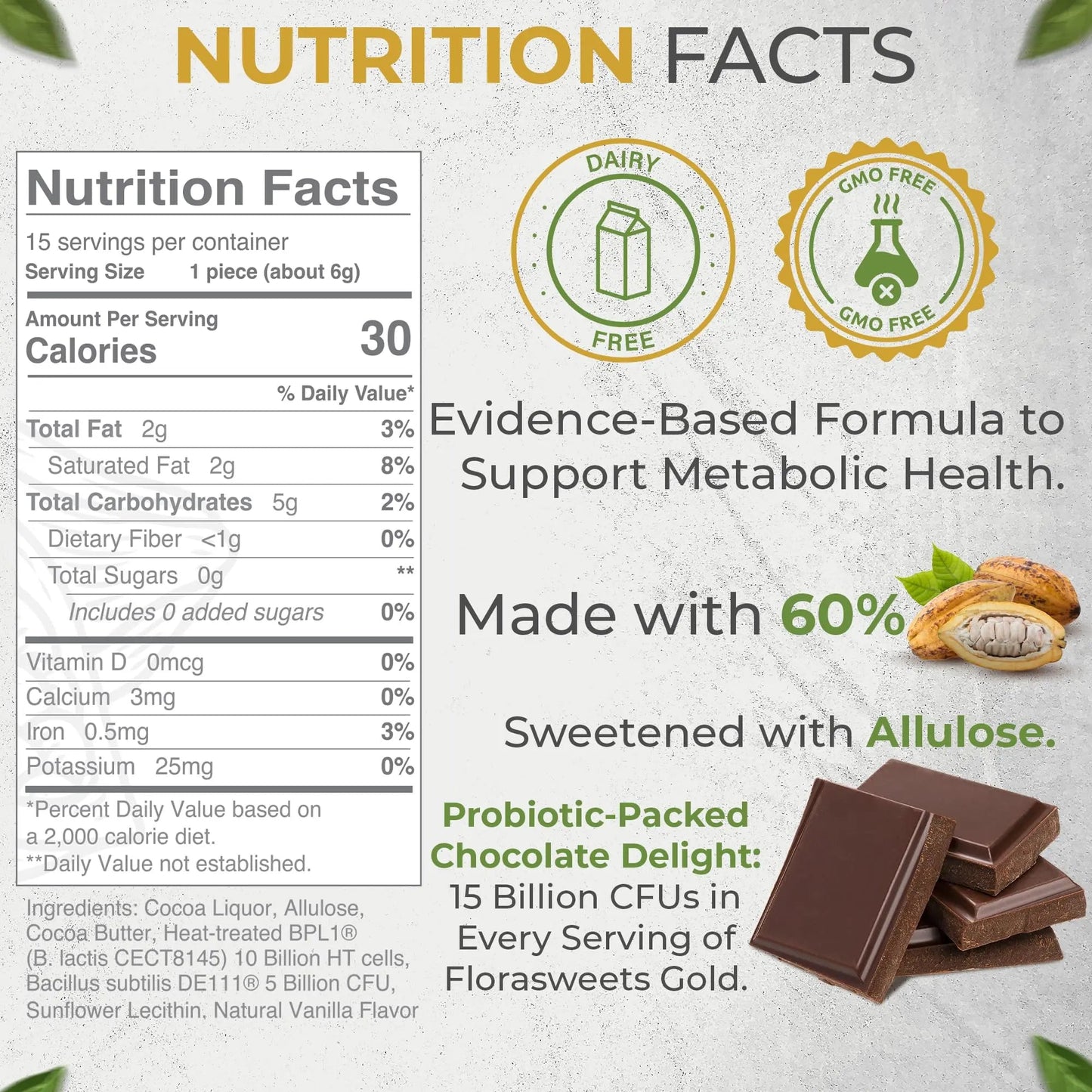 Revival Point Florasweets Gold Chocolate Bites with Probiotic + Postbiotic Stains DE111 & BPL1 - Indivally Wrapped - Supports Digestive & Gut Health Bacillus subtilis (1) Revival Point