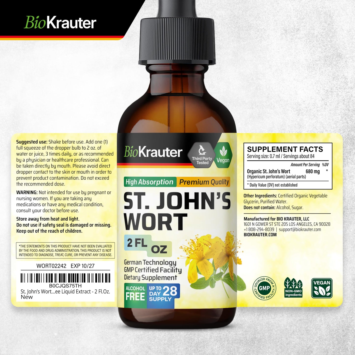 BIO KRAUTER® St Johns Wort for Calm & Mood Support - Vegan St. John's Wort for Relaxation & Emotional Wellness Support - Calm Drops 2 Fl.Oz., 28-Day Supply, Alcohol & Sugar Free Herbal Supplements BIO KRAUTER