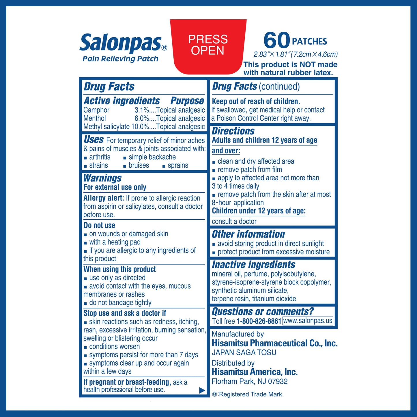 Salonpas Pain Relieving Patch for Back, Neck, Shoulder, Knee Pain and Muscle Soreness - 8 Hour Pain Relief - 60 Count Salonpas