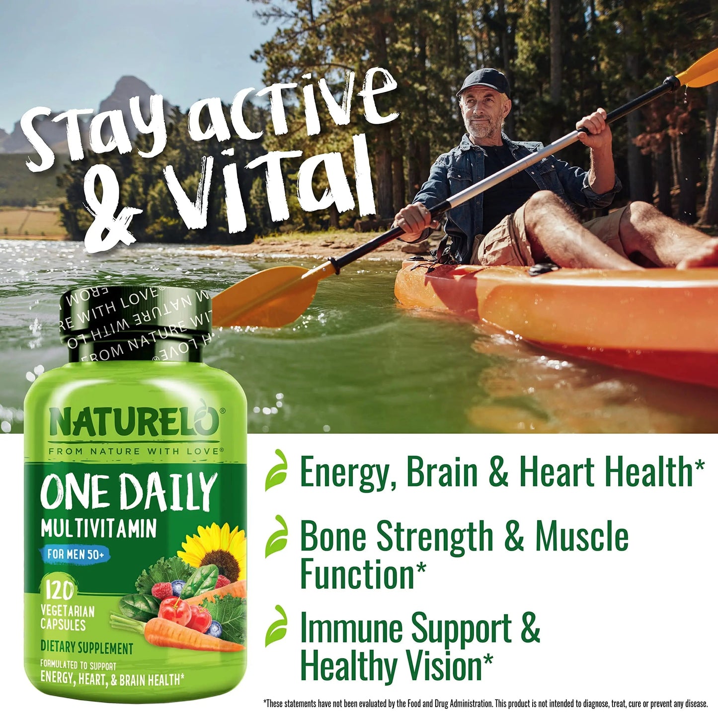 NATURELO Mens Multivitamins for Men 50+ - One Daily Multivitamin for Men with Vitamins, Minerals & Organic Whole Foods, Boost Energy & Health, NATURELO