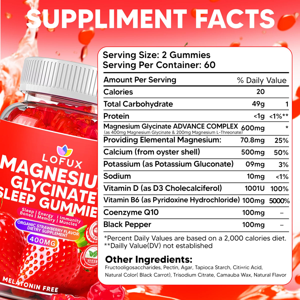 Lofux Magnesium Glycinate Gummies 400mg, Sugar Free Magnesium Gummies for Adults Women, Men, Chewable Supplement Gummy with L-Threonate, Vitamin D, B6, CoQ10 Lofux
