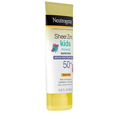 Neutrogena Sheer Zinc Oxide Kids Mineral Sunscreen Lotion, Broad Spectrum SPF 50+ with UVA/UVB Protection, Water-Resistant for 80 Minutes, Paraben-, Dye-, Fragrance- & Tear Free, 3 fl. oz Neutrogena