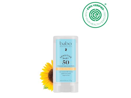 Babo Botanicals Sensitive Baby Mineral Sunscreen Stick SPF 50 - 70% Organic Ingredients - Zinc Oxide - NSF & MADE SAFE and EWG Certified Babo Botanicals