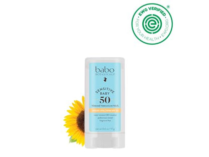 Babo Botanicals Sensitive Baby Mineral Sunscreen Stick SPF 50 - 70% Organic Ingredients - Zinc Oxide - NSF & MADE SAFE and EWG Certified Babo Botanicals