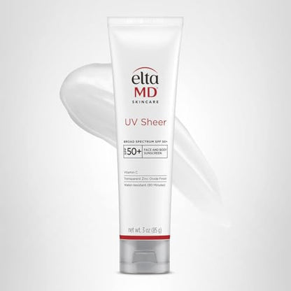 EltaMD UV Sheer Face and Body Sunscreen SPF 50+, Oil Free, No White Cast Sunscreen for Face and Body, Zinc Oxide Formula, 3.0 oz Tube EltaMD