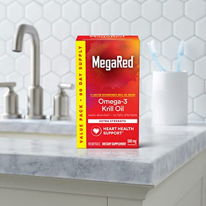 MegaRed Antarctic Krill Oil 500mg Omega 3 Fatty Acid Supplement, Extra Strength EPA & DHA Krill Oil Softgels (90cnt Box), Astaxanthin MegaRed