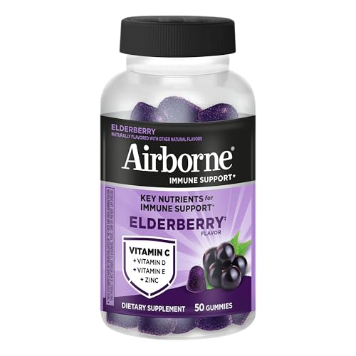 Airborne Elderberry + Zinc & Vitamin C Gummies For Adults, Immune Support Vitamin D & Zinc Gummies With Powerful Antioxidant Vitamins C D & E Airborne