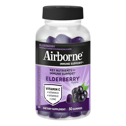 Airborne Elderberry + Zinc & Vitamin C Gummies For Adults, Immune Support Vitamin D & Zinc Gummies With Powerful Antioxidant Vitamins C D & E Airborne