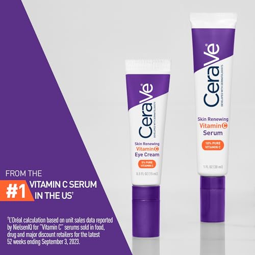 CeraVe Skin Renewing Vitamin C Eye Cream, Vitamin C, Hyaluronic Acid, Ceramides & Caffeine, Under Eye Cream For Dark Circles and Puffiness CeraVe