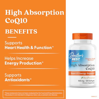 Doctor's Best High Absorption CoQ10 with BioPerine Supplement - Coenzyme Q10 Softgels for Heart Health & Antioxidant Support, Naturally Fermented CoQ10 100mg Doctor's BEST