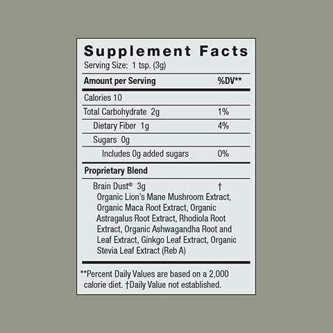Moon Juice Brain Dust - Adaptogenic Mushroom Supplement for Memory & Focus - Lion’s Mane, Ginkgo Biloba & Ashwagandha - Caffeine-Free, Vegan Brain Supplement - 1.5 oz