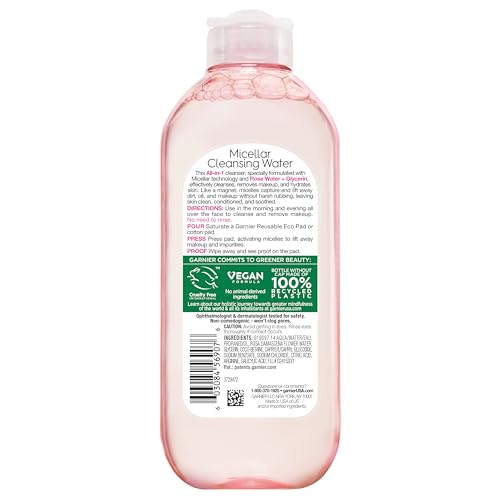 Garnier Micellar Water with Rose Water and Glycerin, Hydrating Facial Cleanser & Makeup Remover, For All Skin Types Garnier