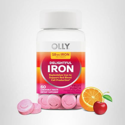 OLLY Delightful Iron Chewable Tablet, Iron Supplement from AB Fortis, Fruit Punch Flavored, 30 or 20 Day Supply - 60 Count OLLY