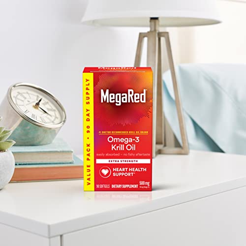 MegaRed Antarctic Krill Oil 500mg Omega 3 Fatty Acid Supplement, Extra Strength EPA & DHA Krill Oil Softgels (90cnt Box), Astaxanthin MegaRed