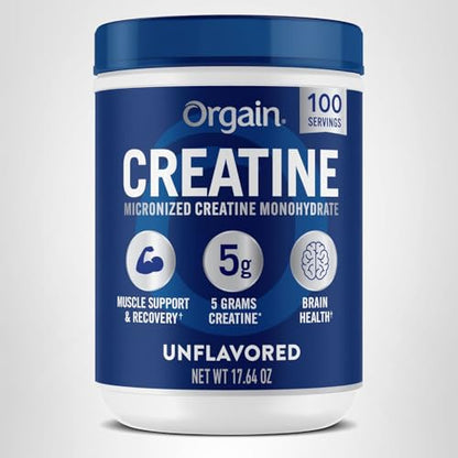 Orgain Creatine Monohydrate Micronized Powder, 100 Servings, Unflavored, Supports Muscle Growth, Post Workout Recovery and Brain Health, No Artificial Additives Orgain