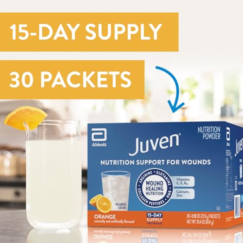 Juven Therapeutic Nutrition Drink Powder Including Collagen Peptides, Amino Acids, and HMB for Wound Healing Support, Orange, 30 Packets Juven