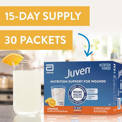 Juven Therapeutic Nutrition Drink Powder Including Collagen Peptides, Amino Acids, and HMB for Wound Healing Support, Orange, 30 Packets Juven