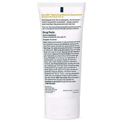 CeraVe 100% Mineral Sunscreen SPF 50, Face sunscreen With Zinc Oxide & Titanium Dioxid CeraVe
