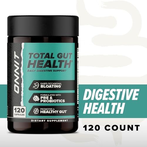 ONNIT Total Gut Health Daily Digestive Support, IGEN Non-GMO Tested Digestion Supplement for Women and Men with 7 Strains of Probiotics, Prebiotics, Enzymes and Betaine HCL, 120 Count