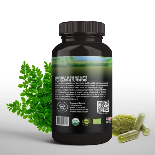 SUPREME HERBALS, 100% Raw and Pure Moringa Leaf Powder Capsules. Organic Certified Moringa Leaf. Natural Superfood with Essential Amino Acids SUPREME HERBALS