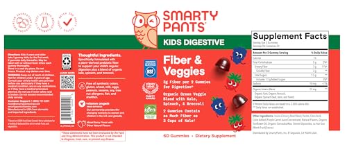 SmartyPants Kids Fiber & Veggies: Prebiotic Fiber Gummies for Kids, Fiber Supplement with Inulin, Organic Green Veggie Blend, Vegan, Gluten Free SmartyPants