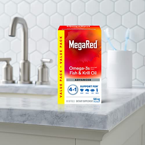 Megared Omega-3 Fish Oil + High Absorption Krill Oil 500mg Softgels, MegaRed Advanced 4in1 (80 count in a bottle) Concentrated Omega-3 Fish MegaRed