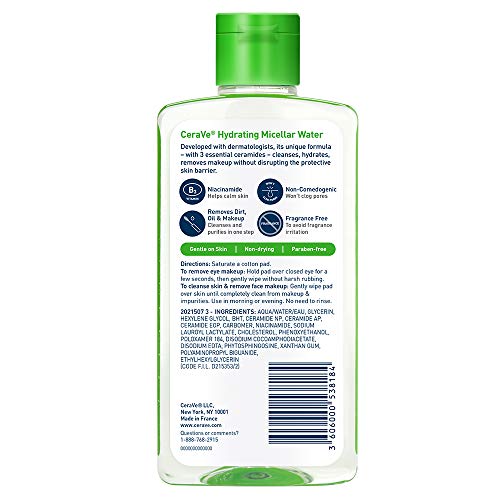 CeraVe Micellar Water, Hydrating Facial Cleanser & Eye Makeup Remover with Niacinamide, Ceramides & Glycerin CeraVe