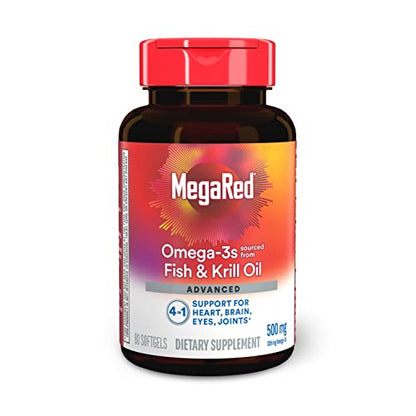 Megared Omega-3 Fish Oil + High Absorption Krill Oil 500mg Softgels, MegaRed Advanced 4in1 (80 count in a bottle) Concentrated Omega-3 Fish MegaRed