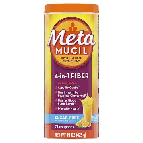Metamucil 4-in-1 Psyllium Husk Friendly Fiber Supplement, Sugar-Free, 72 teaspoons, Orange Flavored, Daily Fiber Powder for Digestive Health Metamucil