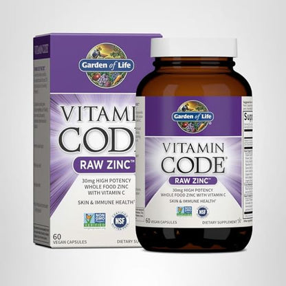 Garden of Life Zinc Supplements 30mg High Potency Raw Zinc and Vitamin C Multimineral Supplement, Vitamin Code Vitamins Trace Minerals & Probiotics Garden of Life