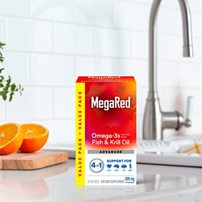 Megared Omega-3 Fish Oil + High Absorption Krill Oil 500mg Softgels, MegaRed Advanced 4in1 (80 count in a bottle) Concentrated Omega-3 Fish MegaRed