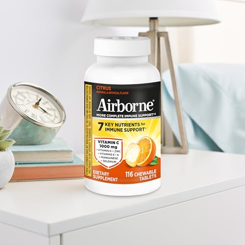 Airborne Vitamin C 1000mg (per Serving) - Citrus Chewable Tablets (116 Count in a Bottle), Gluten-Free Immune Support Supplement, with Vitamins A C E, Zinc, Selenium Airborne