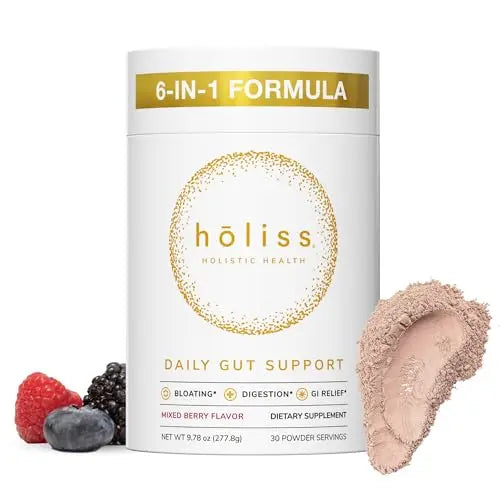 HOLISS Daily Gut Health Kit – 6-in-1 All Natural Supplement, Bloat & Gas Aid, GI Lining Repair, IBS Support – Lemon Balm, L-Glutamine, PepZinGI, Mixed Berry, 30 Servings, Electric Mixer & Spoon HOLISS buy australia supplements
