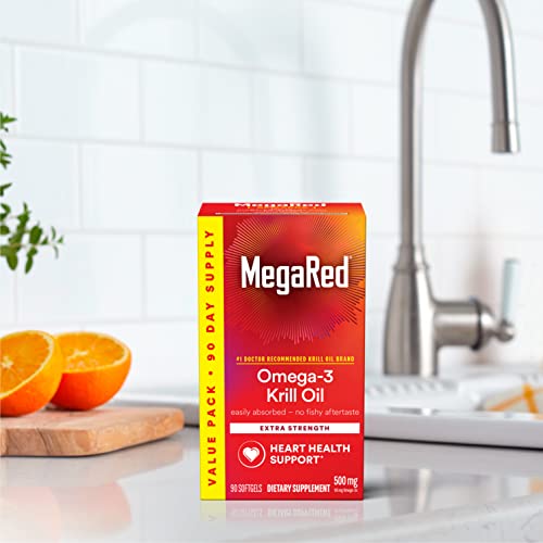 MegaRed Antarctic Krill Oil 500mg Omega 3 Fatty Acid Supplement, Extra Strength EPA & DHA Krill Oil Softgels (90cnt Box), Astaxanthin MegaRed
