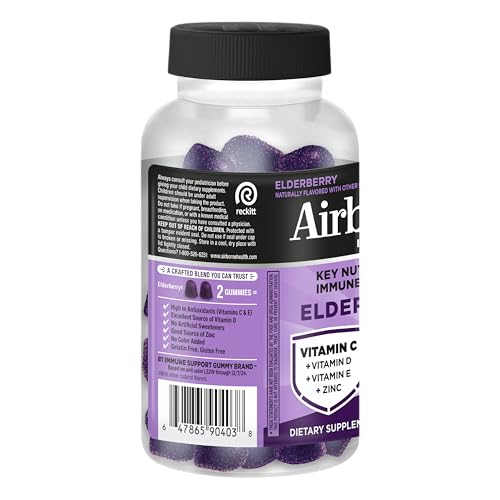 Airborne Elderberry + Zinc & Vitamin C Gummies For Adults, Immune Support Vitamin D & Zinc Gummies With Powerful Antioxidant Vitamins C D & E Airborne