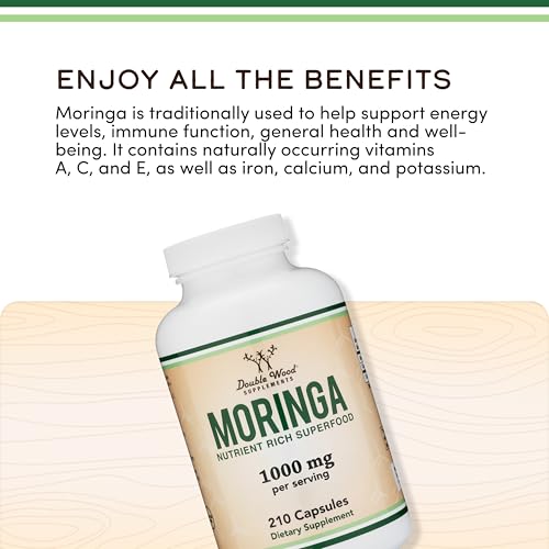 DWS Organic Moringa Capsules 1000mg - Pure Moringa Powder for Energy & Immune Support - Green Superfood Rich in Antioxidants Double Wood Supplements