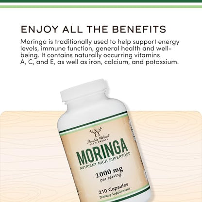 DWS Organic Moringa Capsules 1000mg - Pure Moringa Powder for Energy & Immune Support - Green Superfood Rich in Antioxidants Double Wood Supplements