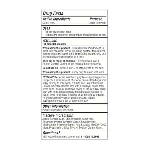 The Ordinary Sulfur 10% Powder-to-Cream Acne Spot Treatment Concentrate, Reduces Pimple Size and Zit Redness, 0.18 Oz The Ordinary