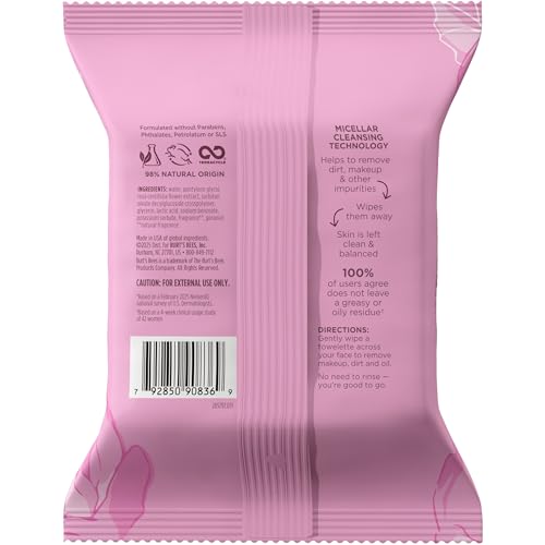 Burt’s Bees Micellar Rose Water Facial Towelettes, 100% Plant Based Cloth; 99% Natural Origin; Remove Makeup, Cleanse, Hydrate; No Oily Residue; All Skin Types; 30 Ct, Pack of 3 (Pack May Vary) Burt's Bees
