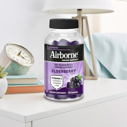 Airborne Elderberry + Zinc & Vitamin C Gummies For Adults, Immune Support Vitamin D & Zinc Gummies With Powerful Antioxidant Vitamins C D & E Airborne