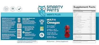 SmartyPants Men's Multivitamin Gummies with Omega 3 DHA/EPA, Methylfolate, Vitamin D3, C, B12, B6, A, K, Zinc SmartyPants