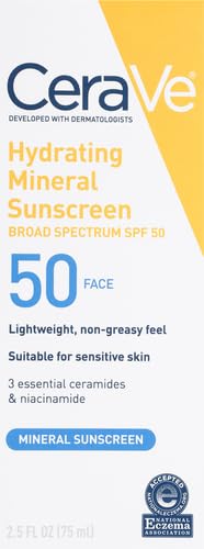 CeraVe Hydrating Mineral Sunscreen SPF 50 Face Sunscreen, Travel Size 2.5oz CeraVe
