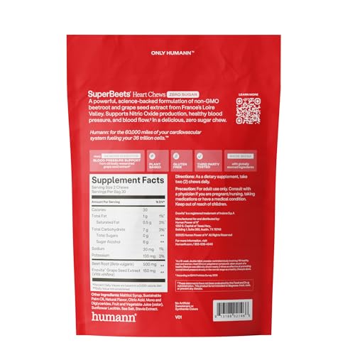 Humann SuperBeets Heart Chews Zero Sugar, Beet Root Supplement, Energy, Nitric Oxide and Blood Pressure Support, Grape Seed Extract & Non-GMO Humann