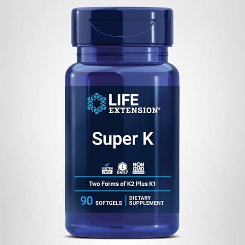 Life Extension Super K, Vitamin K Supplement, 2000 Mcg Vitamin K and 1180 Mcg Vitamin K2, Heart Health, Once-Daily, 90 Softgels Life Extension