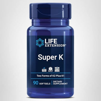 Life Extension Super K, Vitamin K Supplement, 2000 Mcg Vitamin K and 1180 Mcg Vitamin K2, Heart Health, Once-Daily, 90 Softgels Life Extension