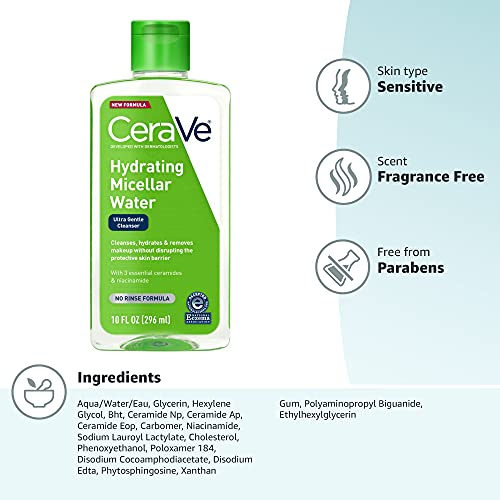CeraVe Micellar Water, Hydrating Facial Cleanser & Eye Makeup Remover with Niacinamide, Ceramides & Glycerin CeraVe