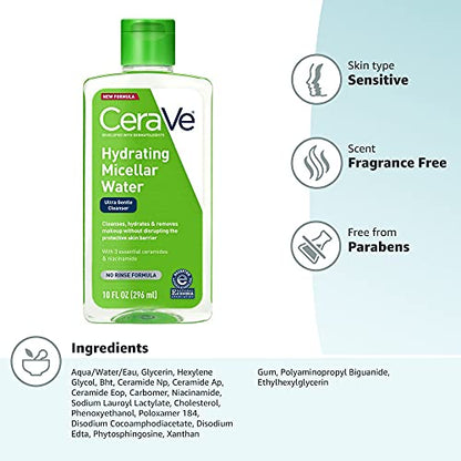 CeraVe Micellar Water, Hydrating Facial Cleanser & Eye Makeup Remover with Niacinamide, Ceramides & Glycerin CeraVe