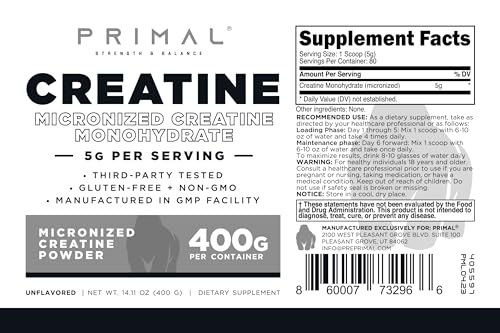 Primal Creatine Monohydrate Powder (400 Grams) | Unflavored Micronized Creatine Primal buy australia supplements